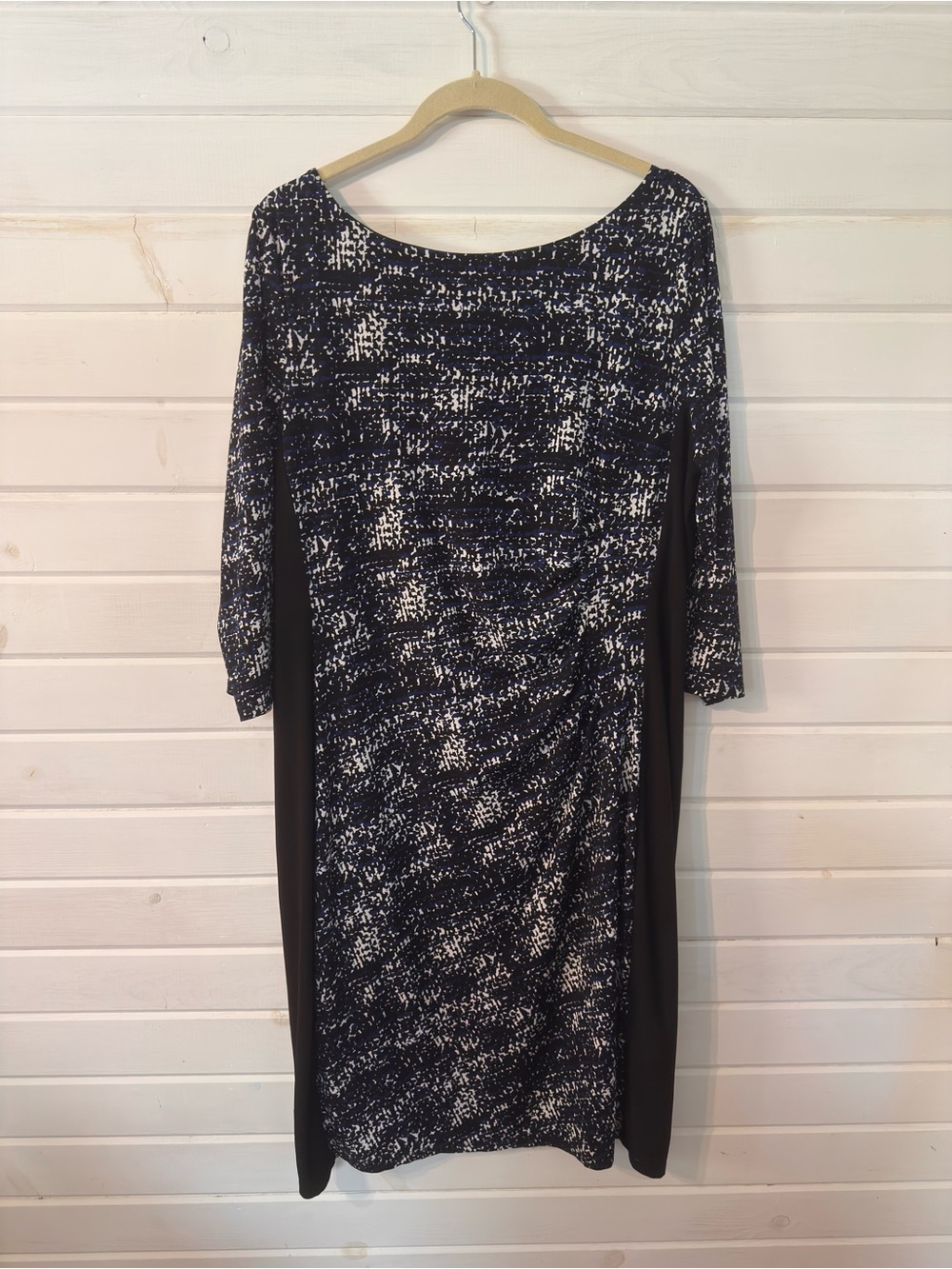 Evan Picone Navy and White Patterned Midi Dress with Black Side Panels